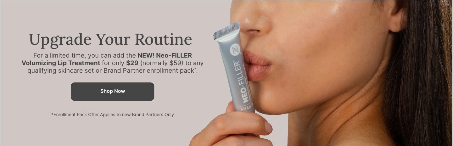 50% OFF Neo-FILLER Volumizing Lip Treatment with any Neo-FILLER or Neo-FILLER Set purchase. Featured is a woman kissing a tube of Neo-FILLER Volumizing Lip Treatment.
